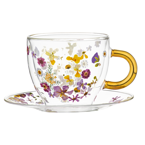 2pc Ashdene Pressed Flowers 350ml Double Walled Glass Cup & Saucer