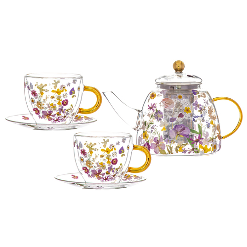 5pc Ashdene Pressed Flowers 1.2L Glass Teapot & 350ml Tea Cup Set