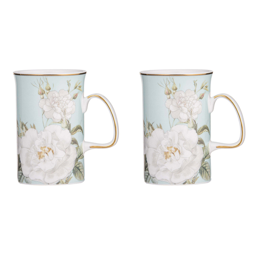 2PK Ashdene Elegant Rose Fine Bone China 11.5cm Coffee Mug - Mint
