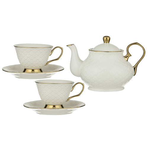 Ashdene New Bone China Ripple Teapot & 2 Teacup Set - White