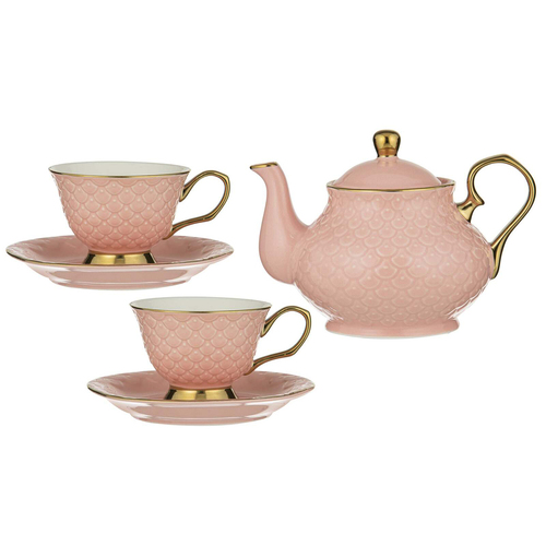 Ashdene New Bone China Ripple Blush Teapot & 2 Teacup Set Pink