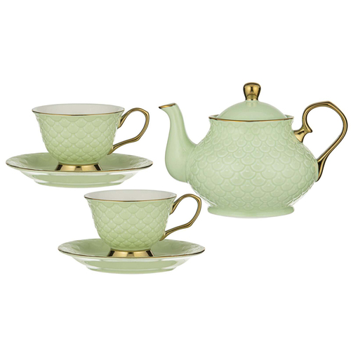 Ashdene New Bone China Ripple Pistachio Teapot & 2 Teacup Set Green