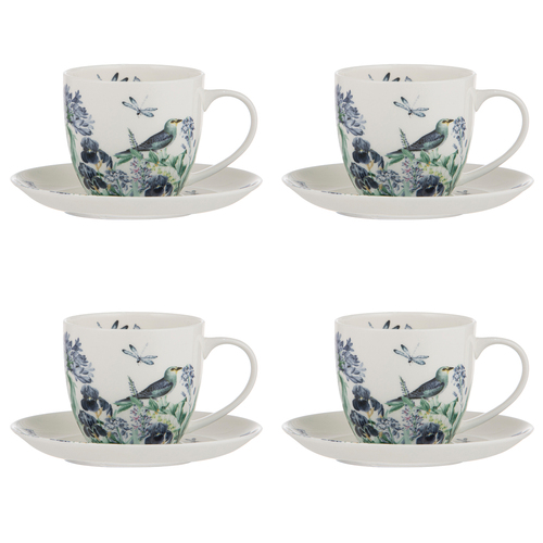4pc Ashdene Iris Garden White Cup & Saucer Fine Bone China Set