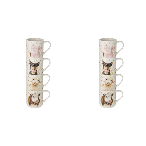 2x 4pc Ashdene Farmyard Faces New Bone China Stackable Mug
