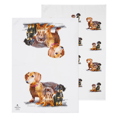 2pc Ashdene Puppy Love Dachshund Kitchen Tea Towel 50x70cm - White