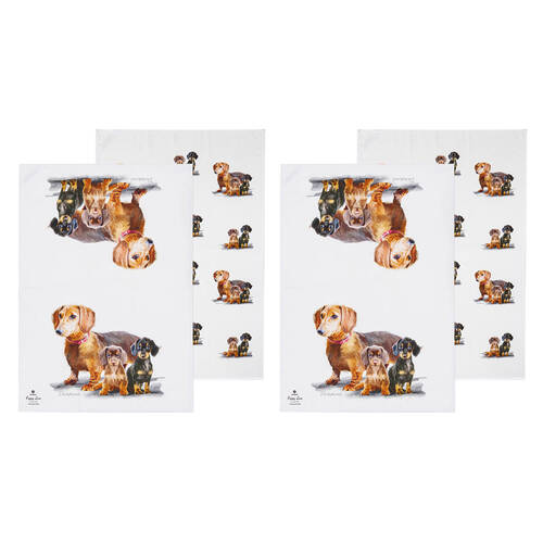 2x 2pc Ashdene Puppy Love Dachshund Kitchen Tea Towel 50x70cm - White