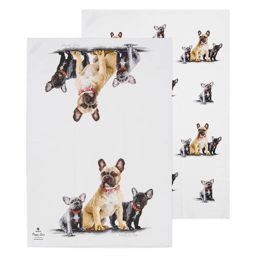 2pc Ashdene Puppy Love French Bulldog Kitchen Tea Towel 50x70cm - White