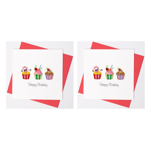 2PK Boyle Handmade Paper 15x15cm Quilled Greeting Card Happy Birthday 3 Cupcakes Red