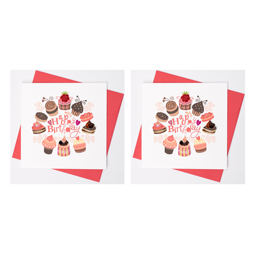 2PK Boyle Handmade Paper 15cm Greeting Card Happy Birthday Pink Cakes/Cupcakes