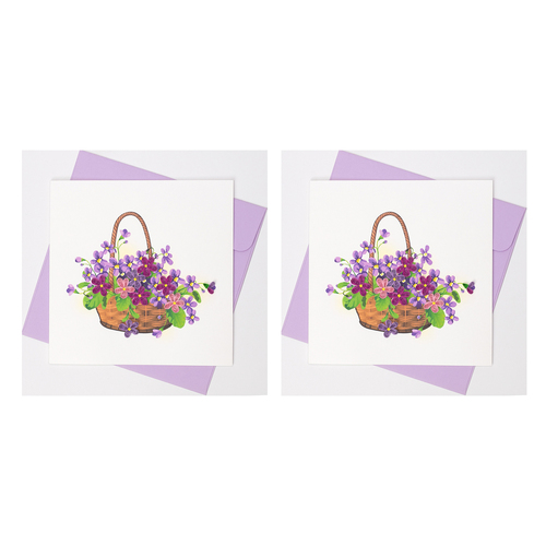 2PK Boyle Handmade Paper 15cm Quilled Greeting Card Basket of Purple Flowers