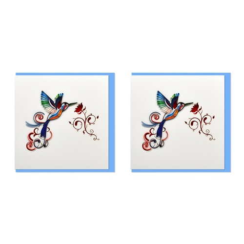 2PK Boyle Handmade Paper 15cm Quilled Greeting Card Hummingbird w/ Red Flower