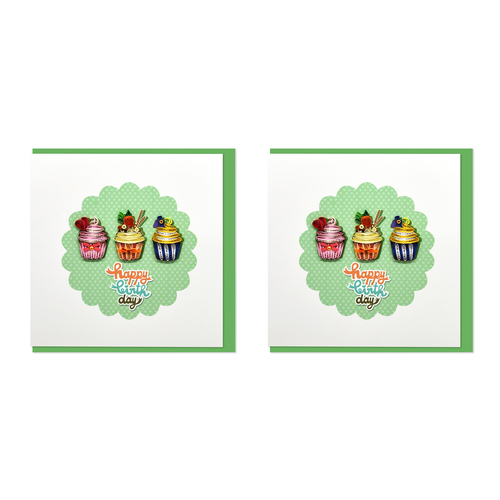 2PK Boyle Handmade Paper 15x15cm Greeting Card Birthday Trio of Cupcakes Green
