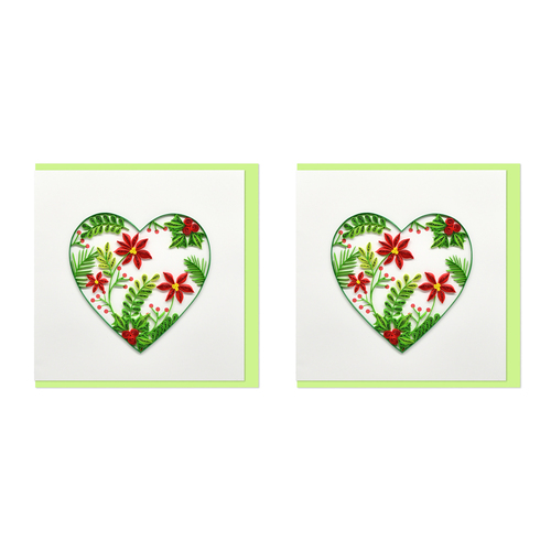 2PK Boyle Handmade Paper 15x15cm Quilled Greeting Card Heart - Green with Red Flowers