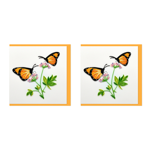 2PK Boyle Handmade Paper 15x15cm Quilled Greeting Card Two Butterflies On Flowers