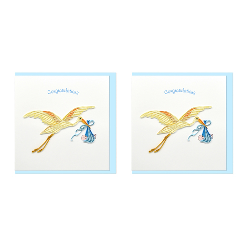 2PK Boyle Handmade Paper 15x15cm Quilled Greeting Card Congratulations Stork and Baby Blue