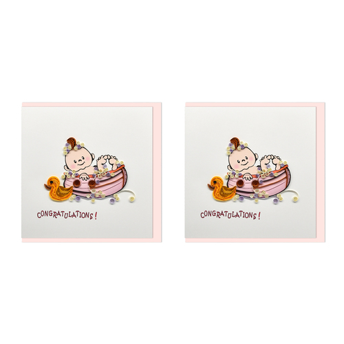 2PK Boyle Handmade Paper 15x15cm Quilled Greeting Card Congratulations Baby Pink