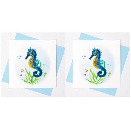 2PK Boyle Handmade Paper 15x15cm Quilled Greeting Card Sky Blue Sea Horse 