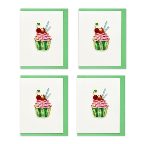 4PK Boyle Handmade Paper Quilled 8.5x6.4cm Mini Greeting Card Pink and Green Cupcake