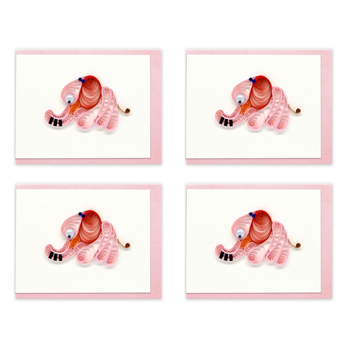4PK Boyle Handmade Paper Quilled 8.5x6.4cm Mini Greeting Card Baby Elephant - Pink