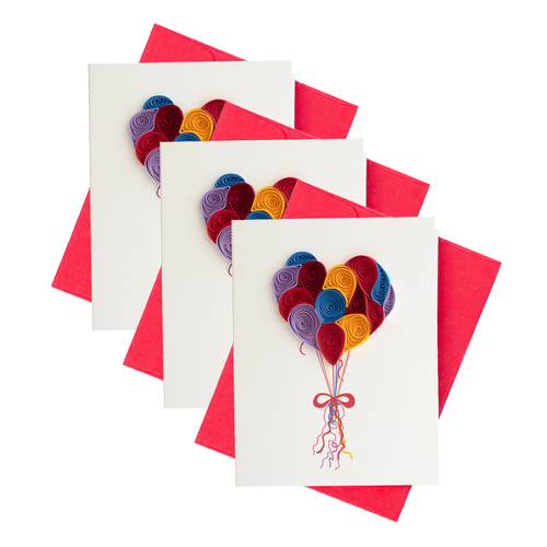 3PK Boyle Quilled 8.5cm Balloon Heart Mini Greeting Card - Red