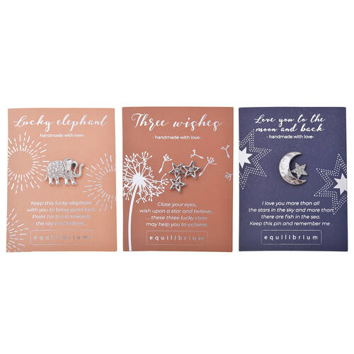 3pc Gibson Gifts Lucky Elephant/3-Wishes/Love You Moon & Back Pins Combo
