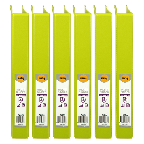 6PK Marbig PP Clearview 2 D-Ring 25mm A4 Insert Binder File Organiser - Lime
