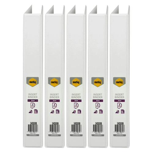 5PK Marbig Clearview 3 D-Ring Insert Binder A4 File Organiser 25mm - White