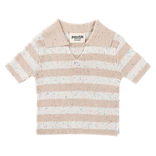 Ponchik Cotton Polo Wheat Speckle Stripe Knit Size 6-12m