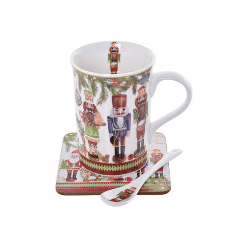 3pc Gibson Gifts Nutcracker Christmas Bone China Mug Coaster Spoon Gift Set