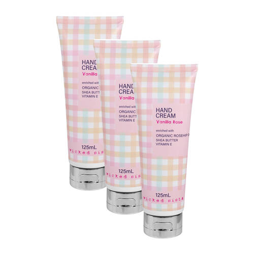3PK Wicked Sista Pastel Gingham/Vanilla Rose Scented Hand Moisturiser Cream 125mL