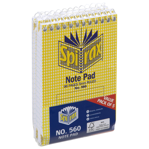 5pc Spirax 560 Writing Note Pad Stationery 11x8cm 96-Pages - Yellow