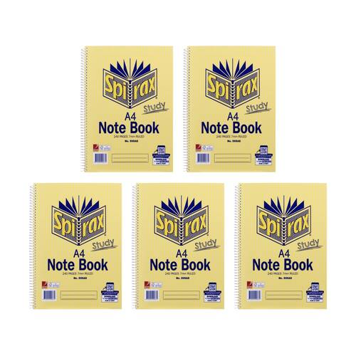 5PK Spirax 595A A4 7mm Ruled Spiral Bound Writing Notebook 240 Pages