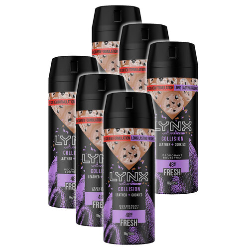 6PK Lynx 106g 48 Hour Fresh Deodorant Body Spray Collision Leather/Cookies
