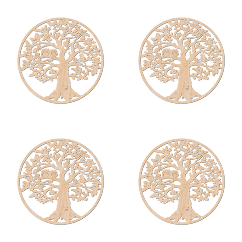 4PK Nord Deco Wooden Coaster Kitchen Decor 10x10cm - Owls in Tree