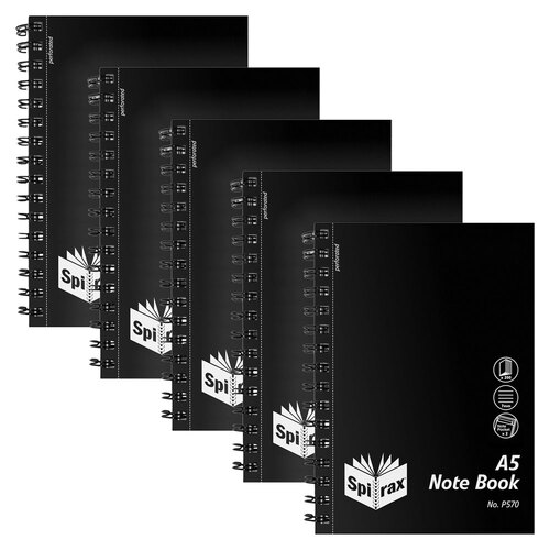 5pc Spirax P570 Writing PP Notebook A5 7mm Ruled 200-Pages Black