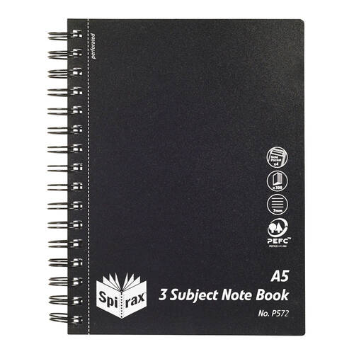 Spirax Black Cover A5 3 Subject 300 Page Notebook