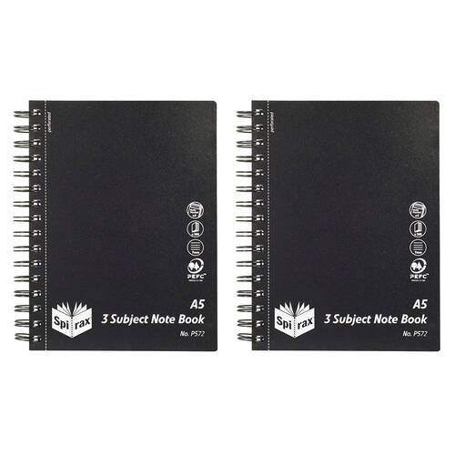 2PK Spirax Black Cover A5 3 Subject 300 Page Notebook