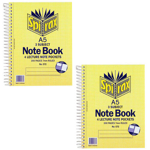 2PK Spirax A5 3 Subject 300 Pages 7mm Ruled Notebook