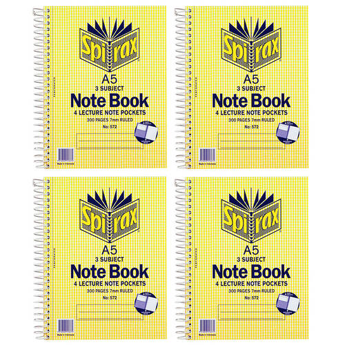 4PK Spirax A5 3 Subject 300 Pages 7mm Ruled Notebook