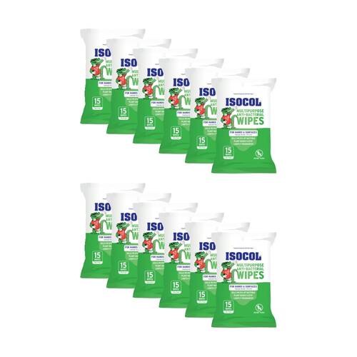 12x 15pc Isocol Convenient Anti-Bacterial Plant-Based Wipes Multipurpose