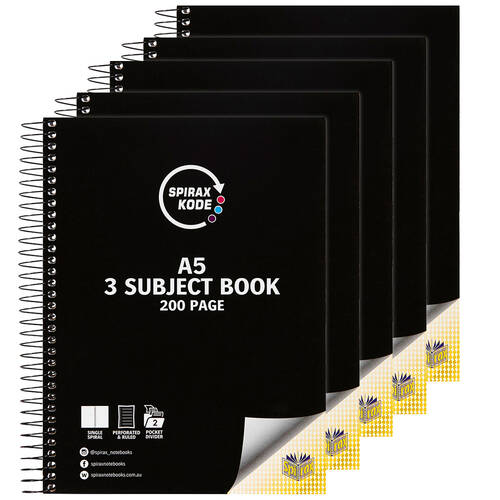 5pk Spirax Kode A5 3 Subject Book 200PG - Assorted