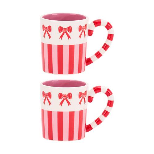 2PK Annabel Trends Ceramic Coffee Tea Drinking Mug 450ml Bow & Stripe Design