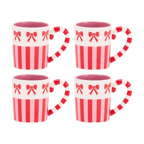 4PK Annabel Trends Ceramic Coffee Tea Drinking Mug 450ml Bow & Stripe Design