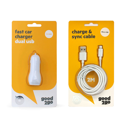 Good 2 Go Charge & Sync 2m Micro USB Cable & 3.4AMP Car Charger - White