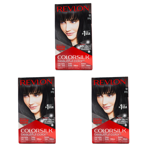3PK Revlon Colorsilk 3D Permanent Hair Color w/ Keratin 10 Black
