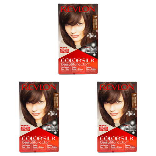 3PK Revlon Colorsilk Permanent Hair Color w/ Keratin 32 Dark Mahogany Brown