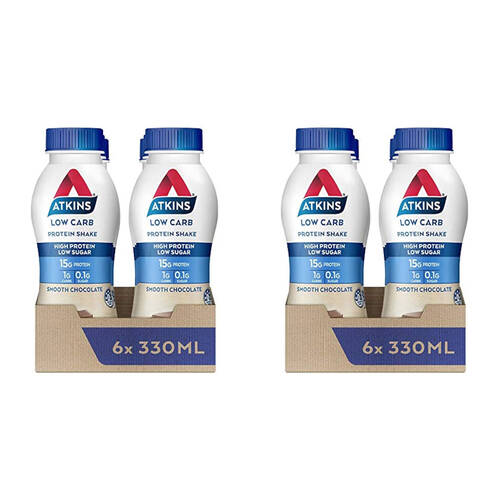 2x 6pc Atkins Low Carb Protein Shake 330ml Smooth Chocolate