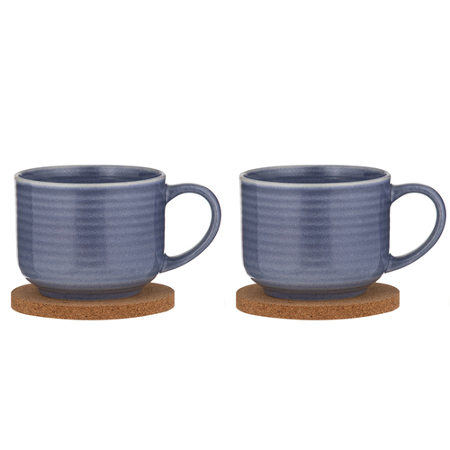 2x 2pc Ladelle Melange Cornflower Stoneware/Cork 500ml Mug & Coaster Set Blue
