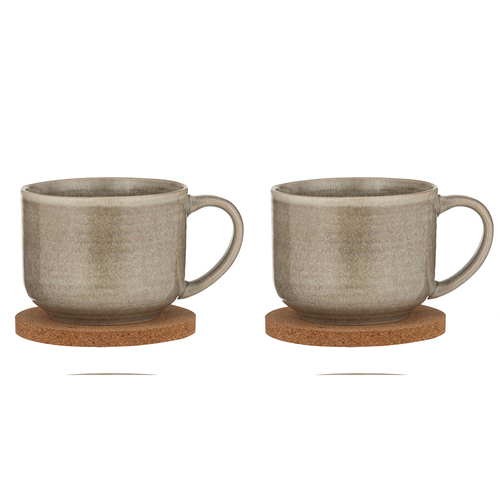 2x 2pc Ladelle Melange Stoneware/Cork 500ml Mug & Coaster Set - Latte