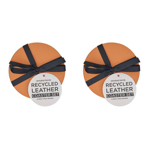8pc Annabel Trends Coaster Set Round Recycled Leather 10x10cm - Terracotta